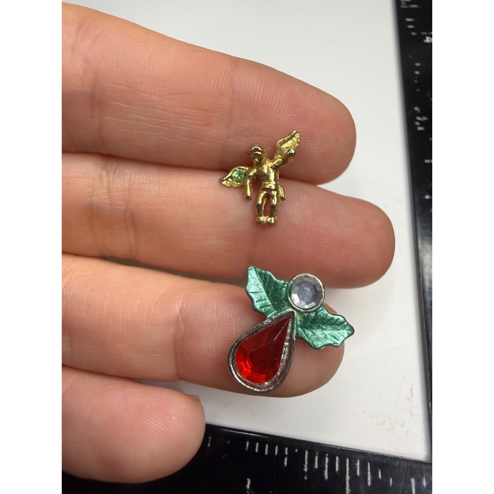 Christmas Holiday Pins Lot of 2 Cherub Angel Holly Red Green Rhinestone Enamel